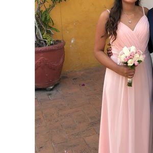 Chiffon Dress with V-Neck Ruched Bodice Blush Color (Wedding Guest or Prom)